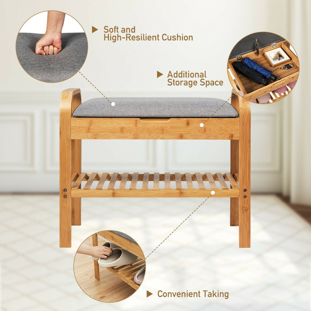 Giantex Shoe Rack Bench with Storage, Bamboo Storage Bench with Cushioned Seat, Holds Up to 330 LBS