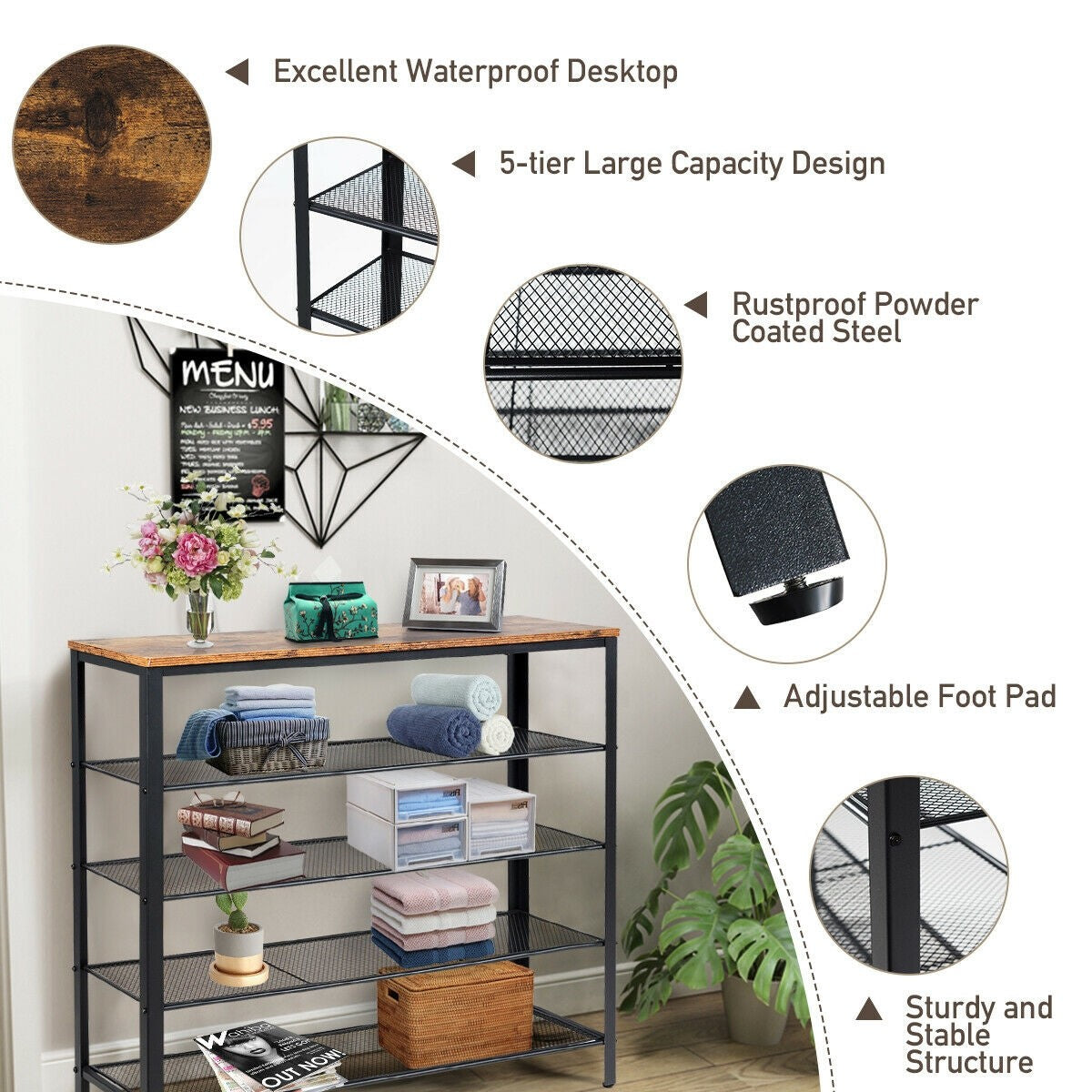 5-Tier Shoe Rack, Industrial Metal Shoe Storage Organizer - Giantexus