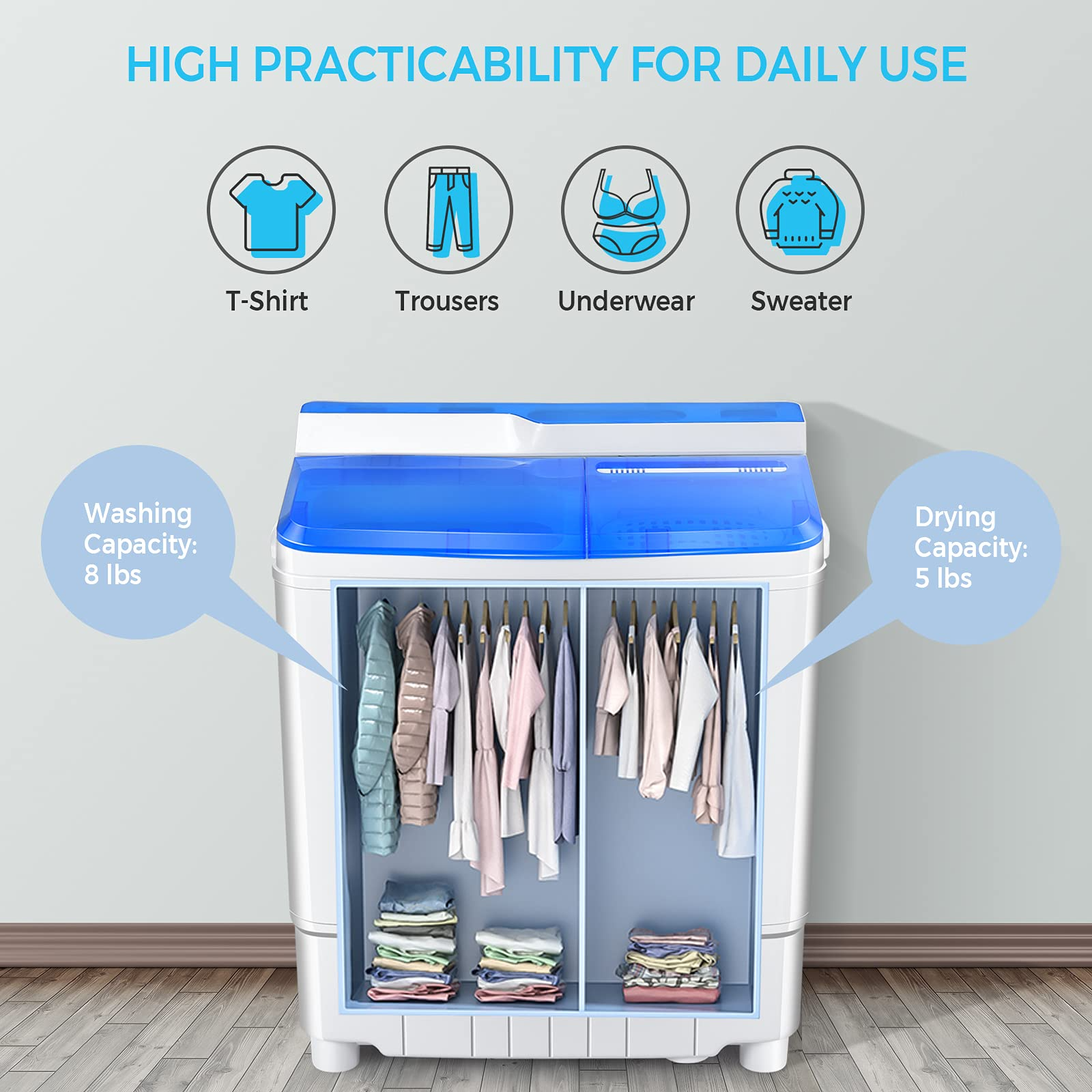 Semi-Automatic Wash and Spin Cycle for Apartment Dorm Camping RV (blue)
