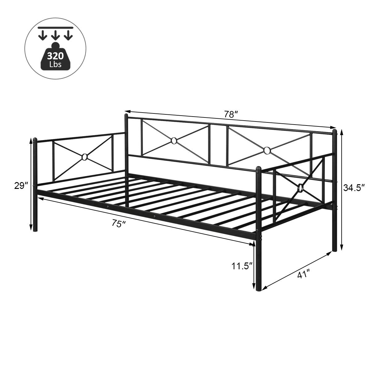 Easy Assembly Victorian Style Metal Daybed Twin Bed Frame w/ Headboard