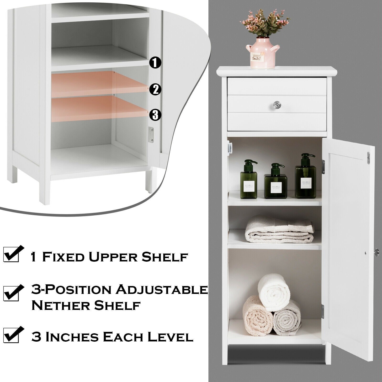 Bathroom Floor Storage Cabinet with Adjustable Shelf & Large Drawer