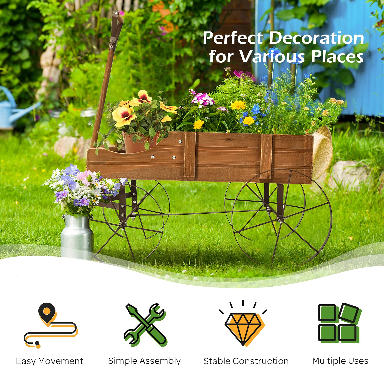 Giantex Decorative Garden Planter, Small Wagon Cart with Metal Wheels, Wood Raised Beds Plant Pot Stand for Backyard Garden Patio 24.5"x13.5"x24"