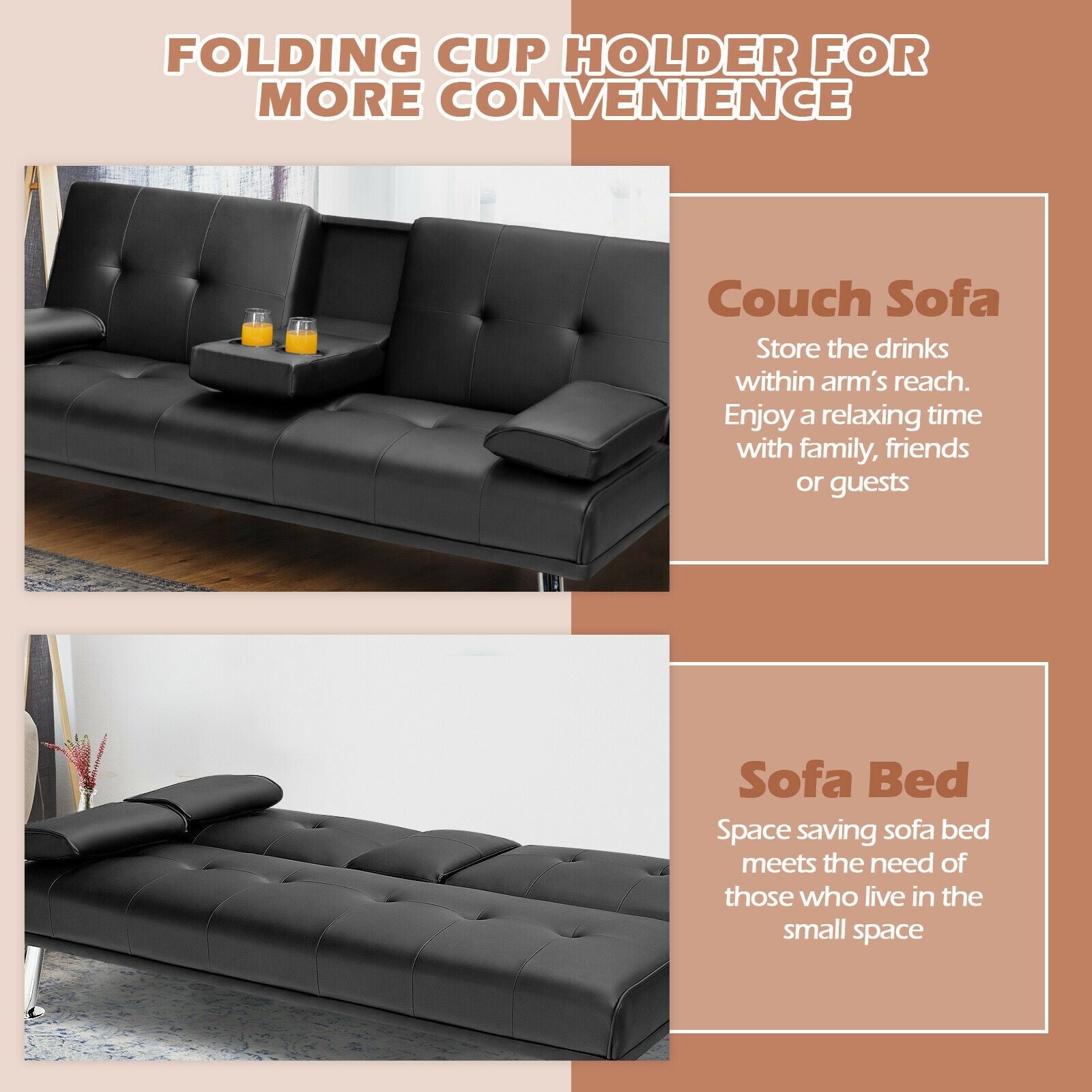 Giantex Modern Convertible Futon Sofa Bed,2 Cup Holders, Backrest Adjustable