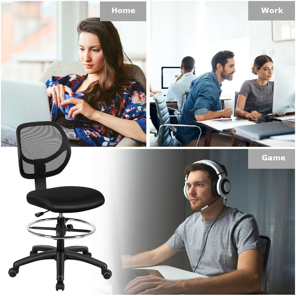 Mesh Drafting Chair, Standing Desk Chair w/Footrest Ring