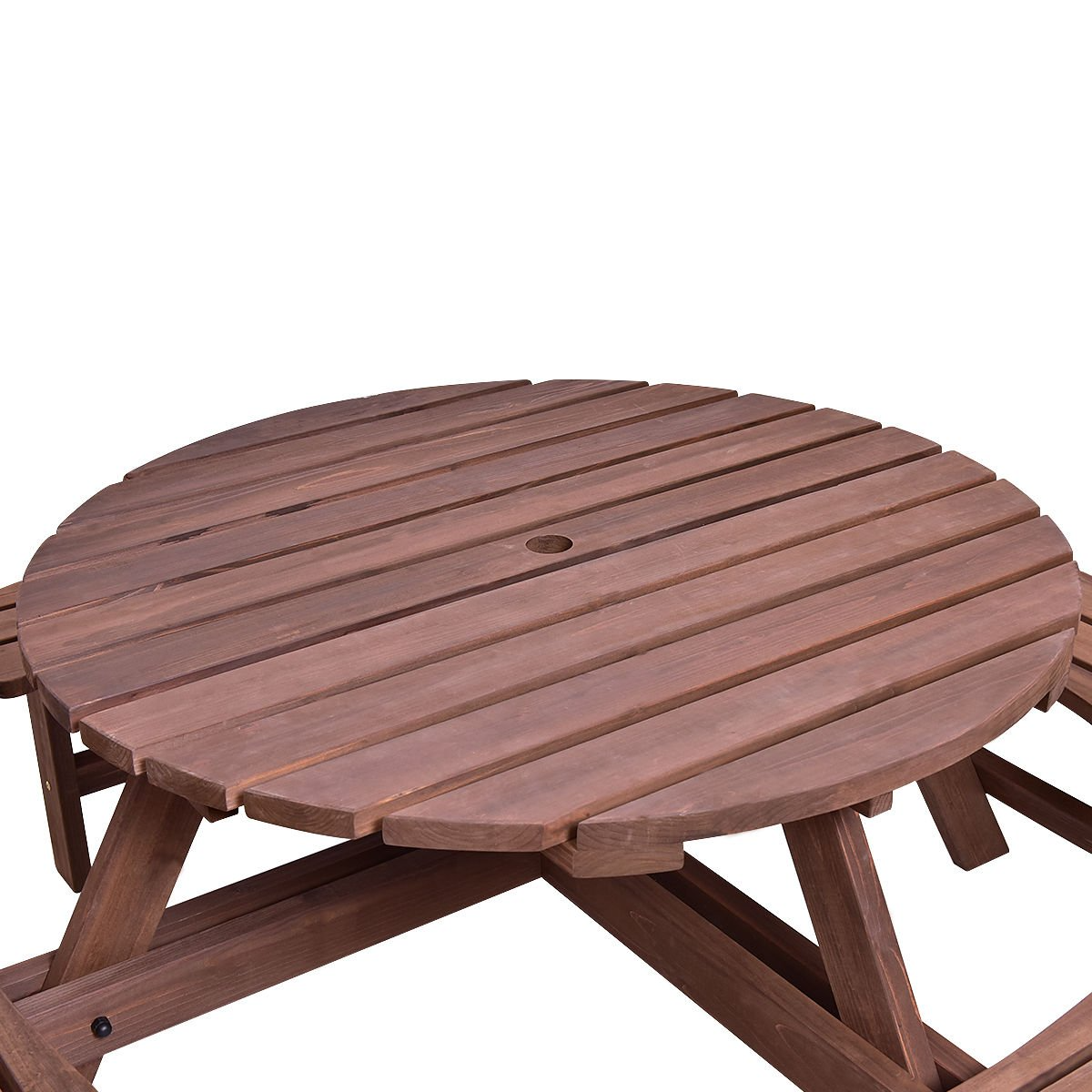 Giantex Wooden Picnic Table Set with Wood Bench, 4 Adults or 8 Kids Outdoor Round Table with Umbrella Hold Design