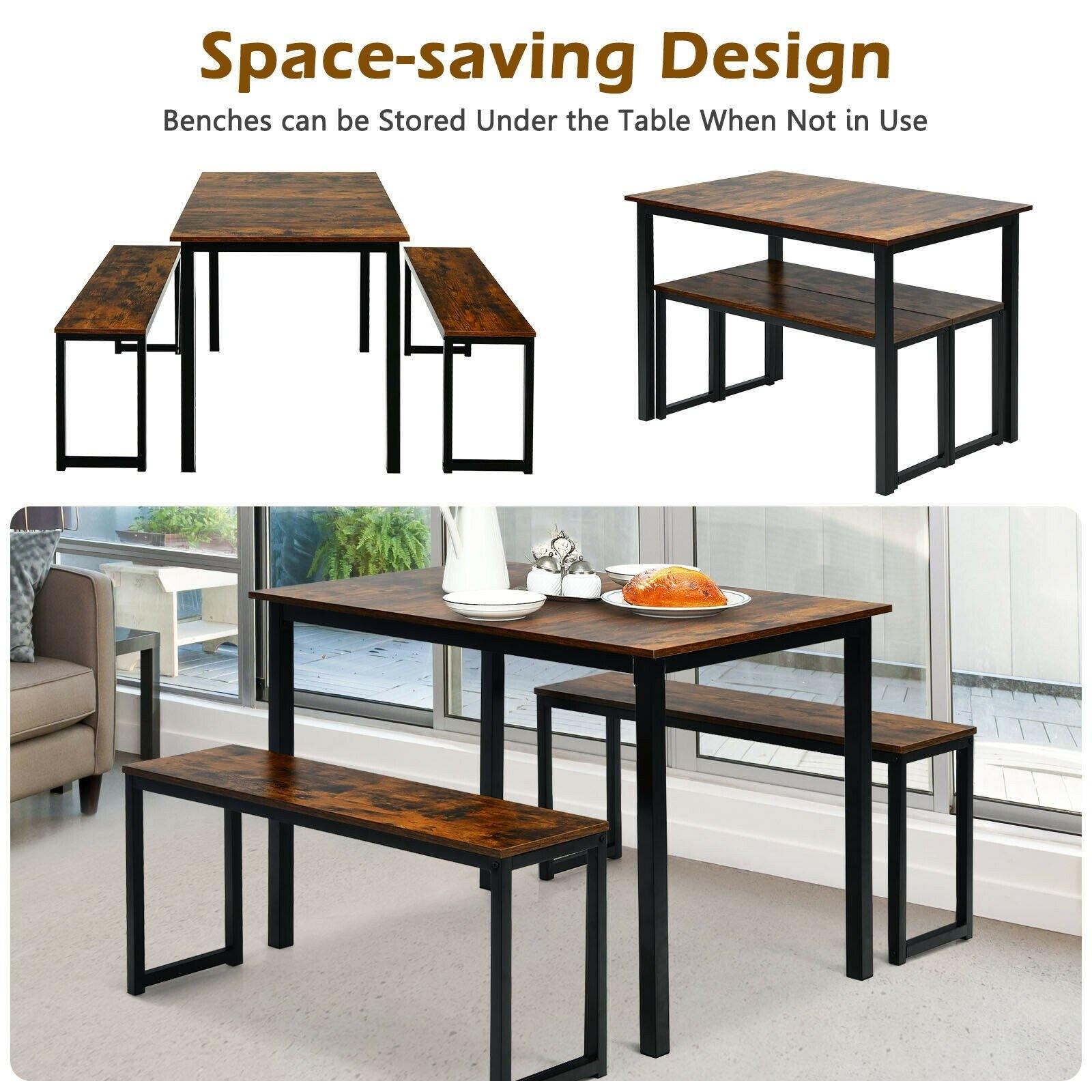 3-Piece Dining Table Set with 2 Benches, Kitchen Bench Table Set - Giantexus