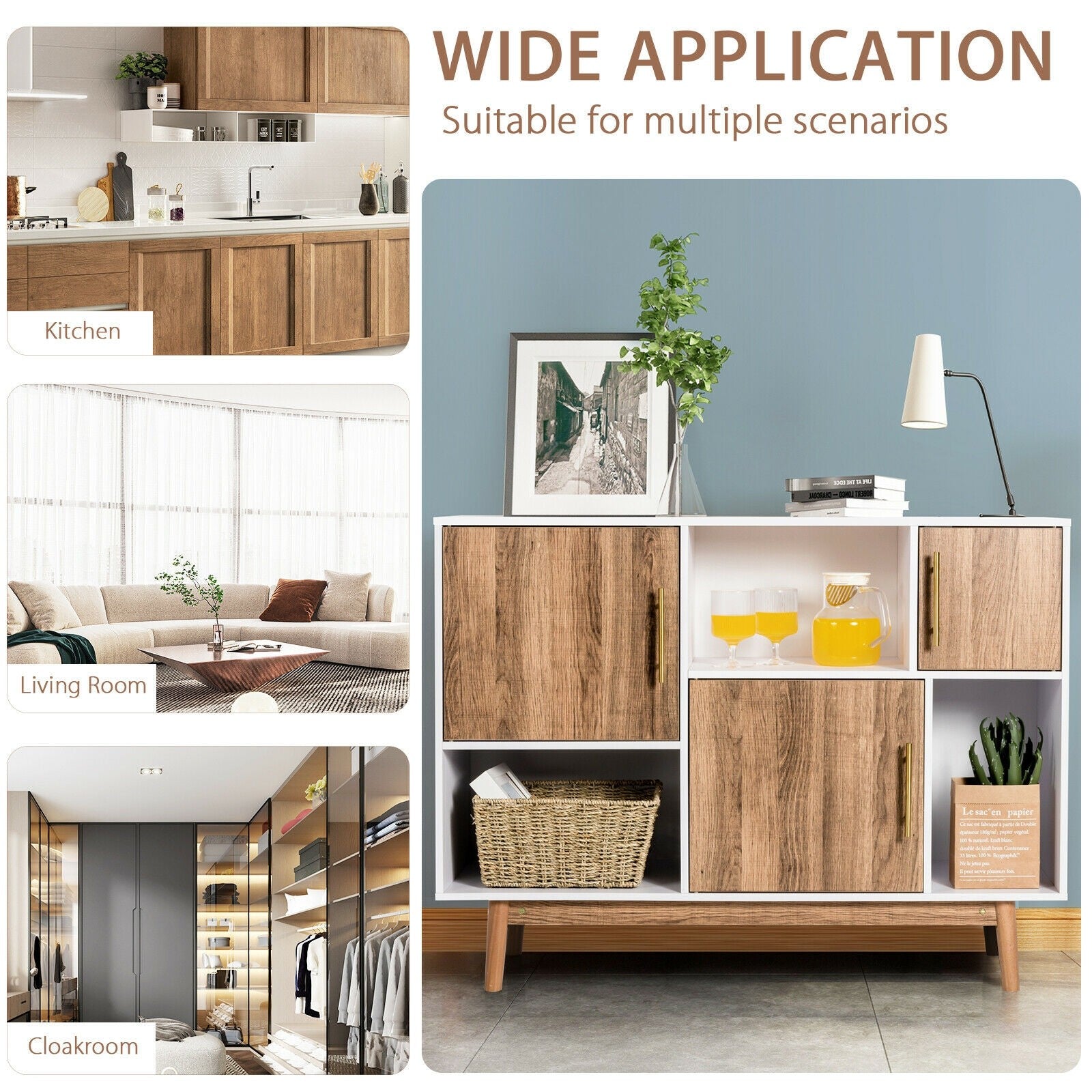Sideboard Storage Cabinet W/Storage Compartments, Doors and Wood Legs