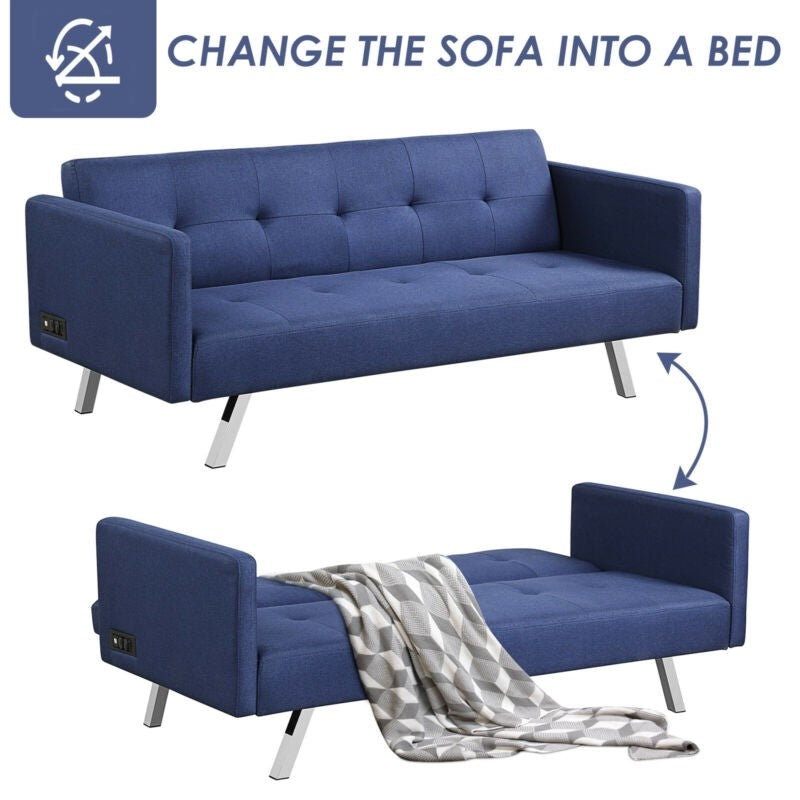 Convertible Futon Sofa, Modern 3 Seat Sofa Bed with USB and Power Strip