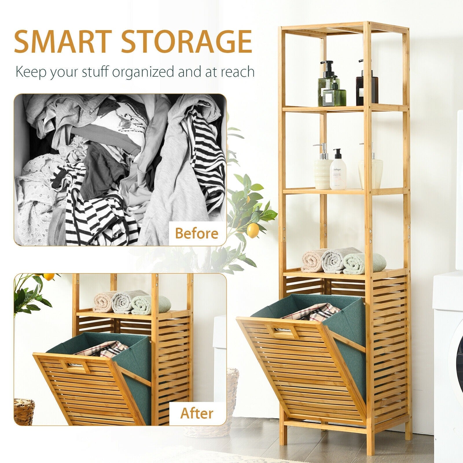 63" Tilt Out Laundry Hamper and 4-Tier Storage Shelves