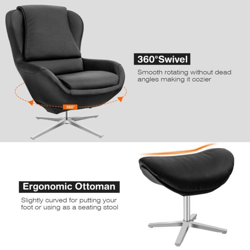360 Swivel Leather Lounge Chair with Ottoman - Giantexus