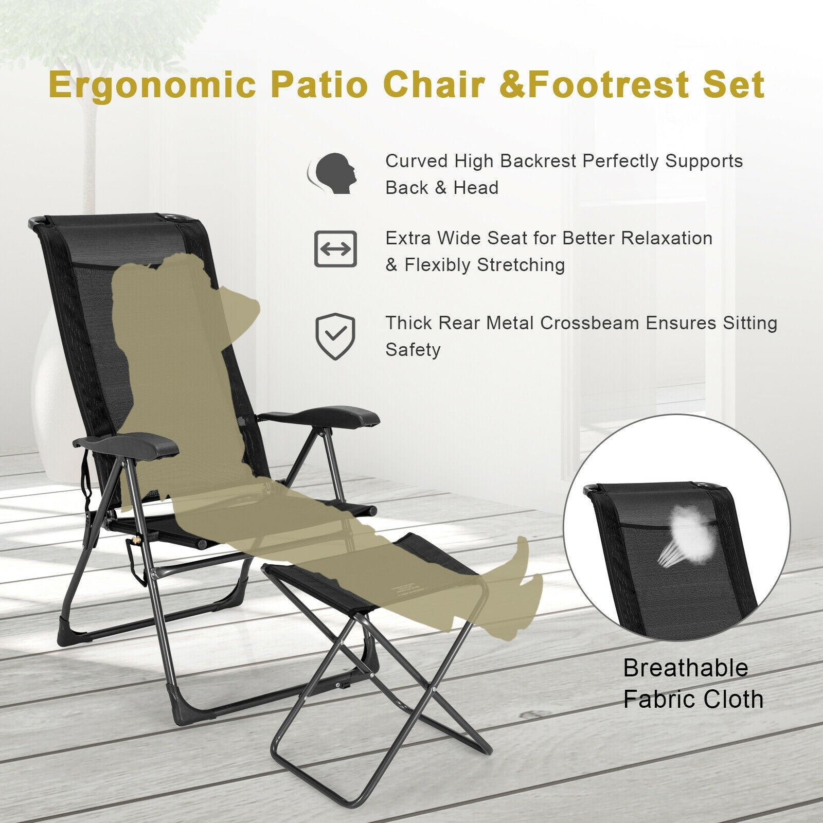 Giantex 2 Pcs Folding Patio Chairs, 2 PCS Footrest, Portable Sling Chairs (Black)