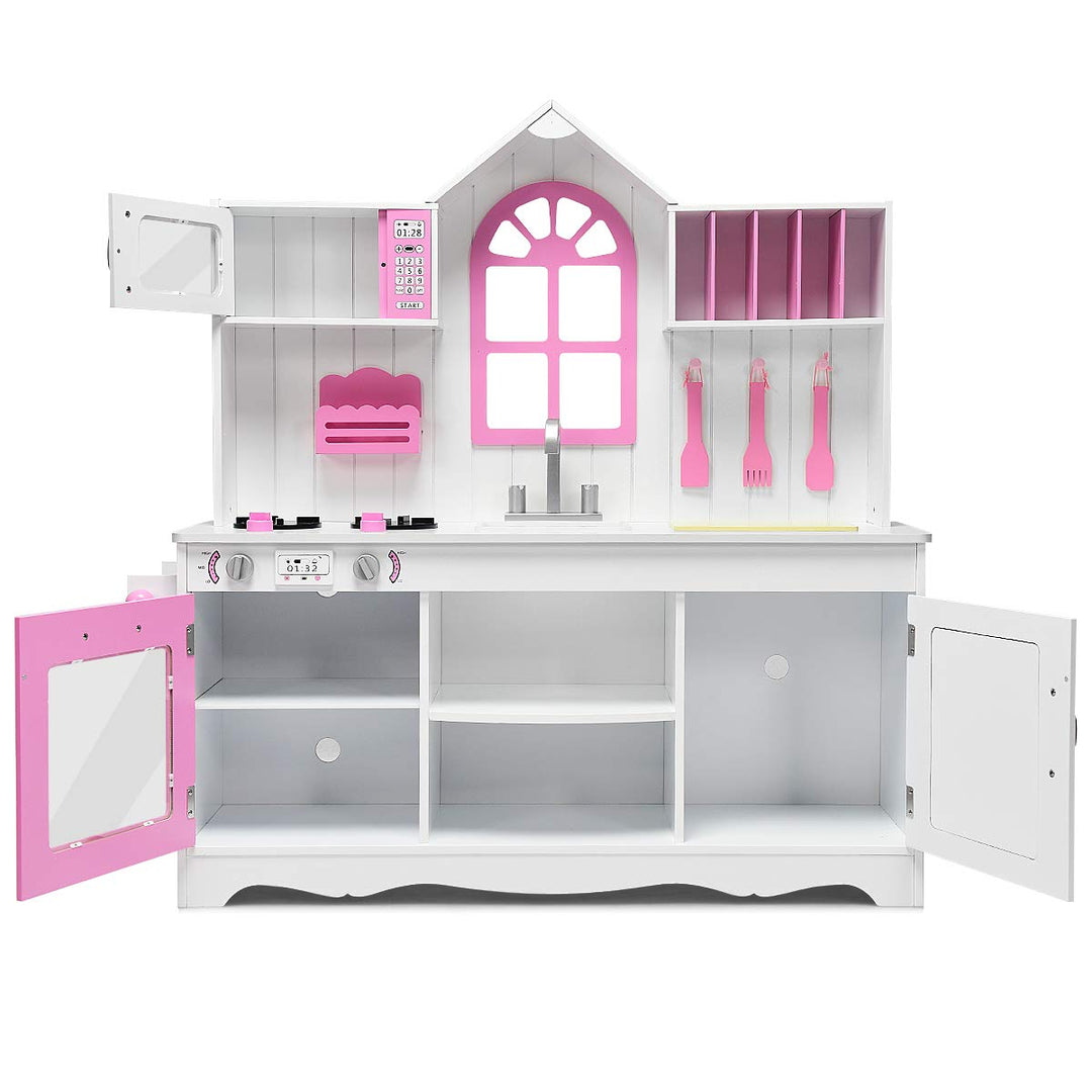 Giantex Wood Play Kitchen, Pink Kids Kitchen Playset for Toddlers