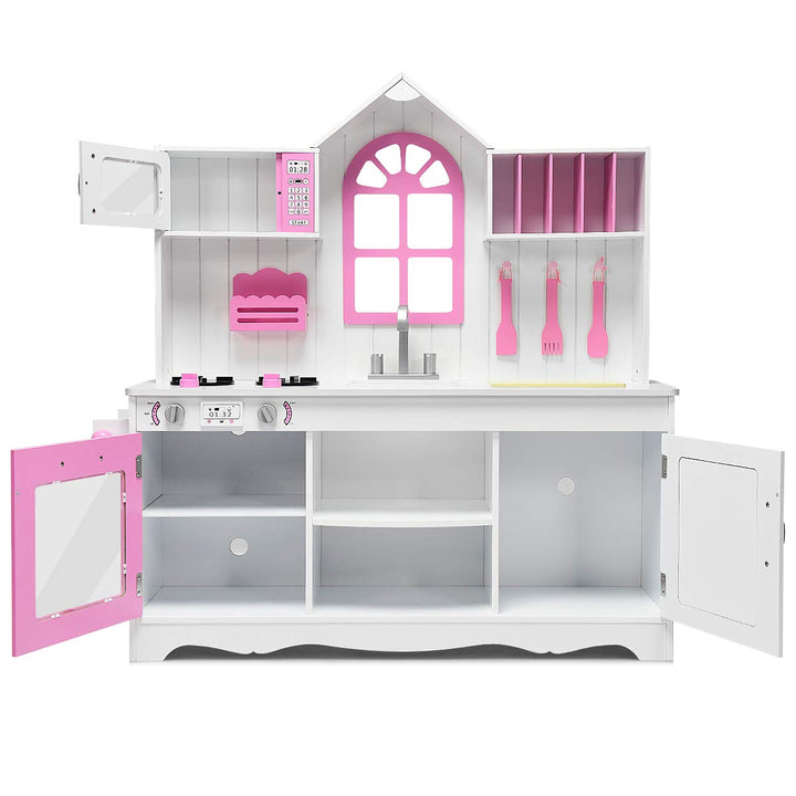 Giantex Wood Play Kitchen, Pink Kids Kitchen Playset for Toddlers