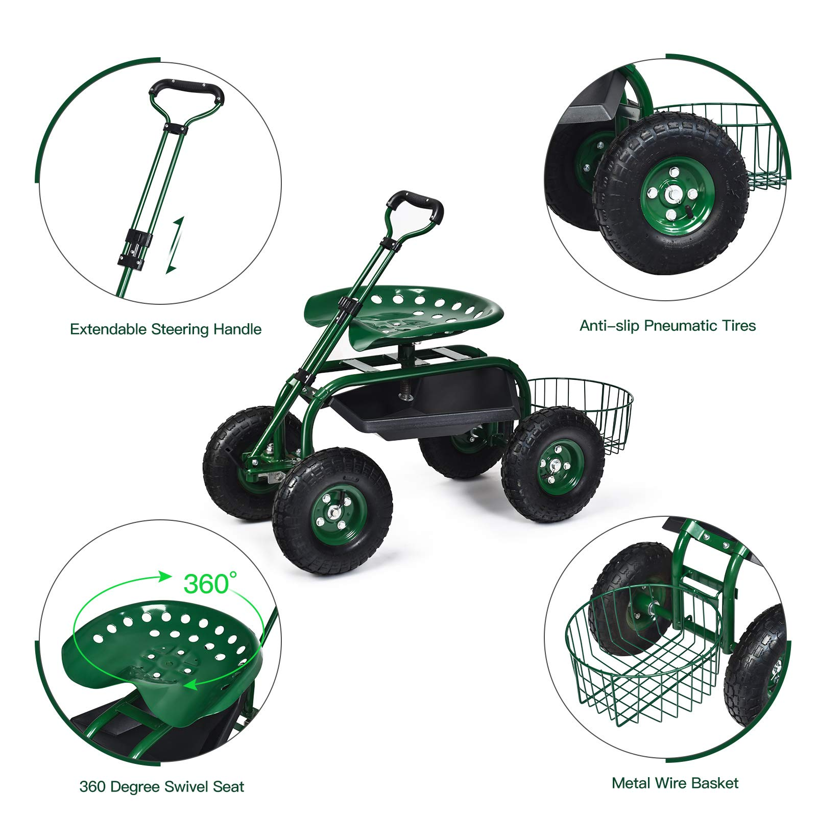 4-Wheel Garden Workseat with Storage Basket - Giantex