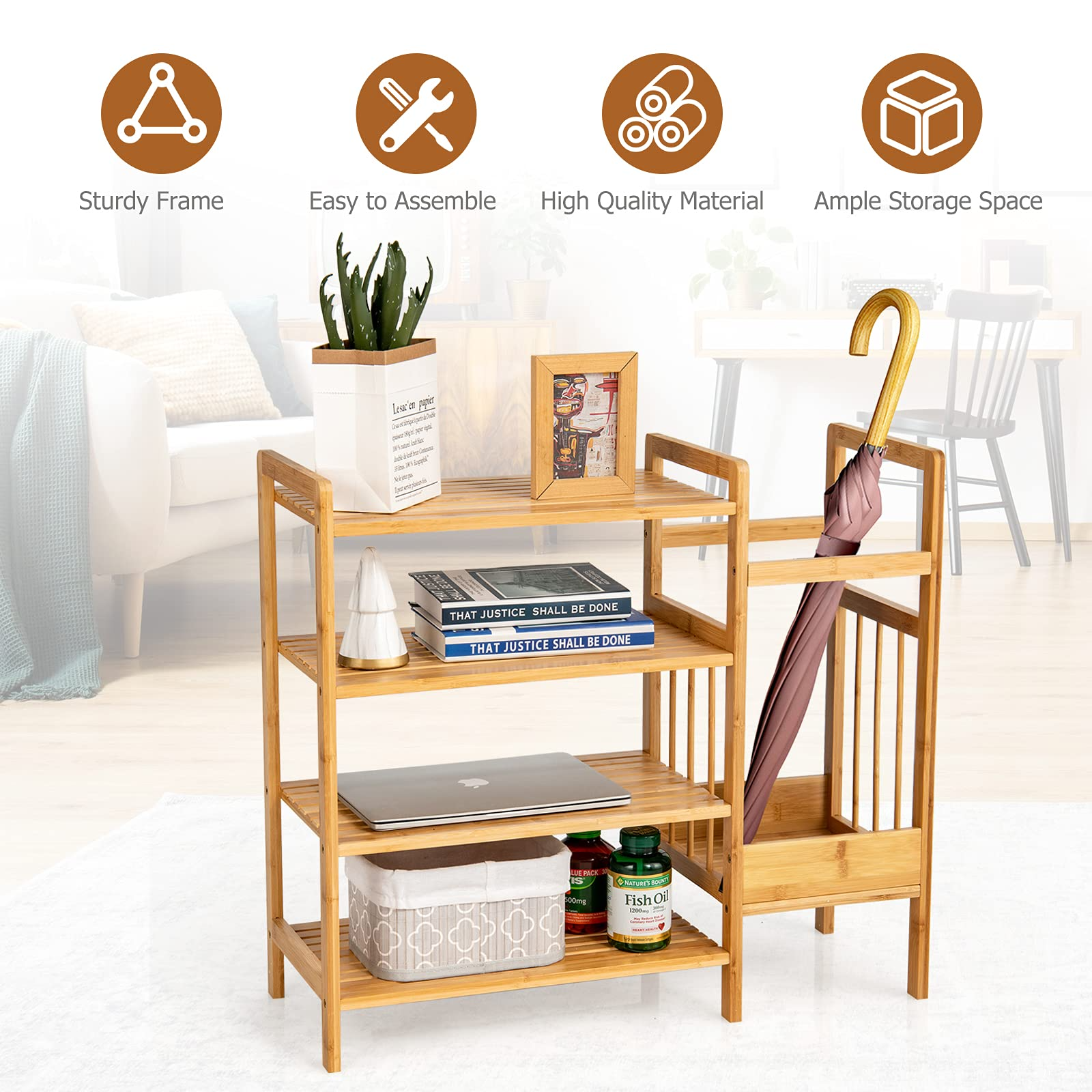 Giantex 4-Tier Bamboo Shoe Rack, Multifunctional Storage Stand, Entryway Organizer w/ Umbrella Holder & Storage Shelves