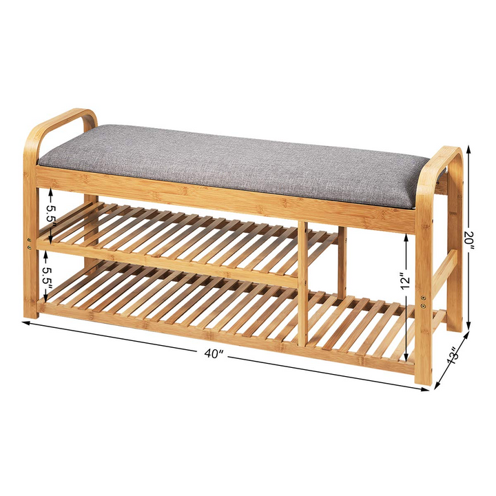 Giantex Shoe Rack Bench, Entryway 3-Tier Bamboo Shoe Organizer with Cushion (Natural and Grey)