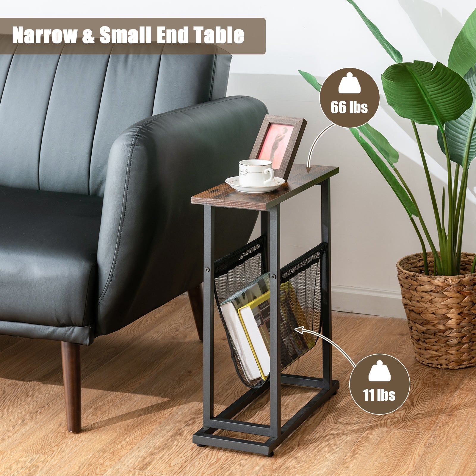Giantex End Table Industrial 2-Tier Narrow Small Accent Table with Mesh Magazine Holder Sling