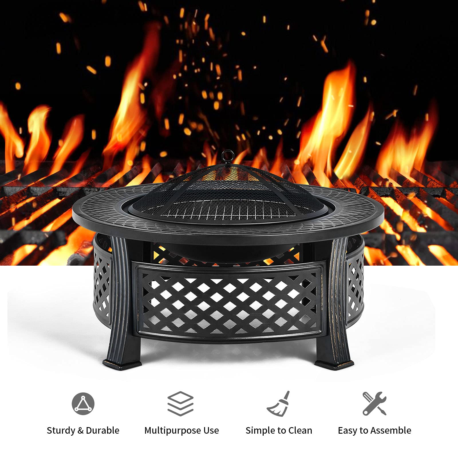 Giantex 32" Fire Pit, 3 in 1 Round Log Burner w/ High-Temp Resistance Finish