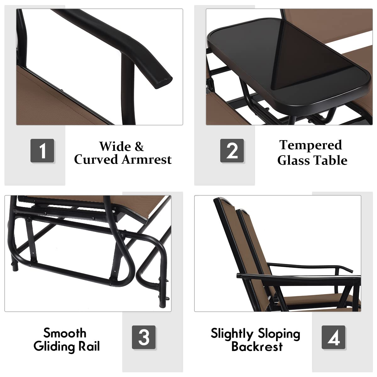 Giantex 2 Person Outdoor Double Glider Chair, Mesh Fabric Rocking Chair w/Center Tempered Glass Table