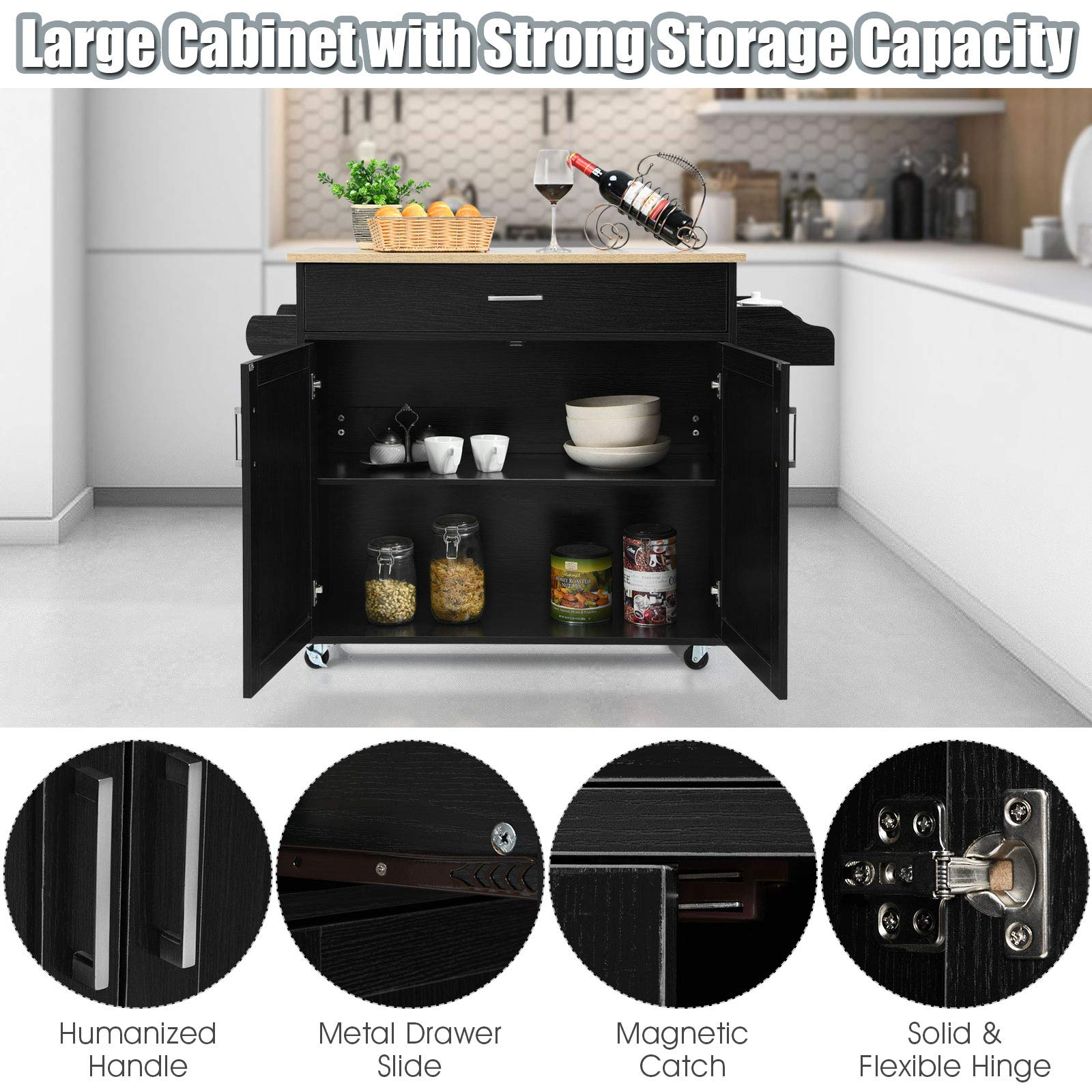 Giantex Kitchen Island, Rolling Kitchen Cart with Spice and Towel Rack, Large Drawer & 2-Door Storage Cabinet
