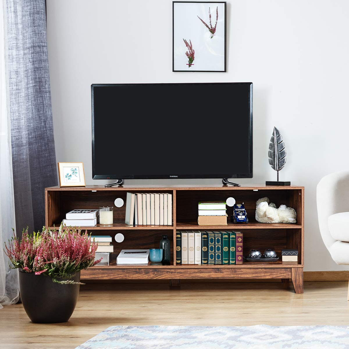 Giantex TV Stand Console Table Cabinet for 60" TV, Large Storage for Living Recreation Room W/ 4 Open Shelves