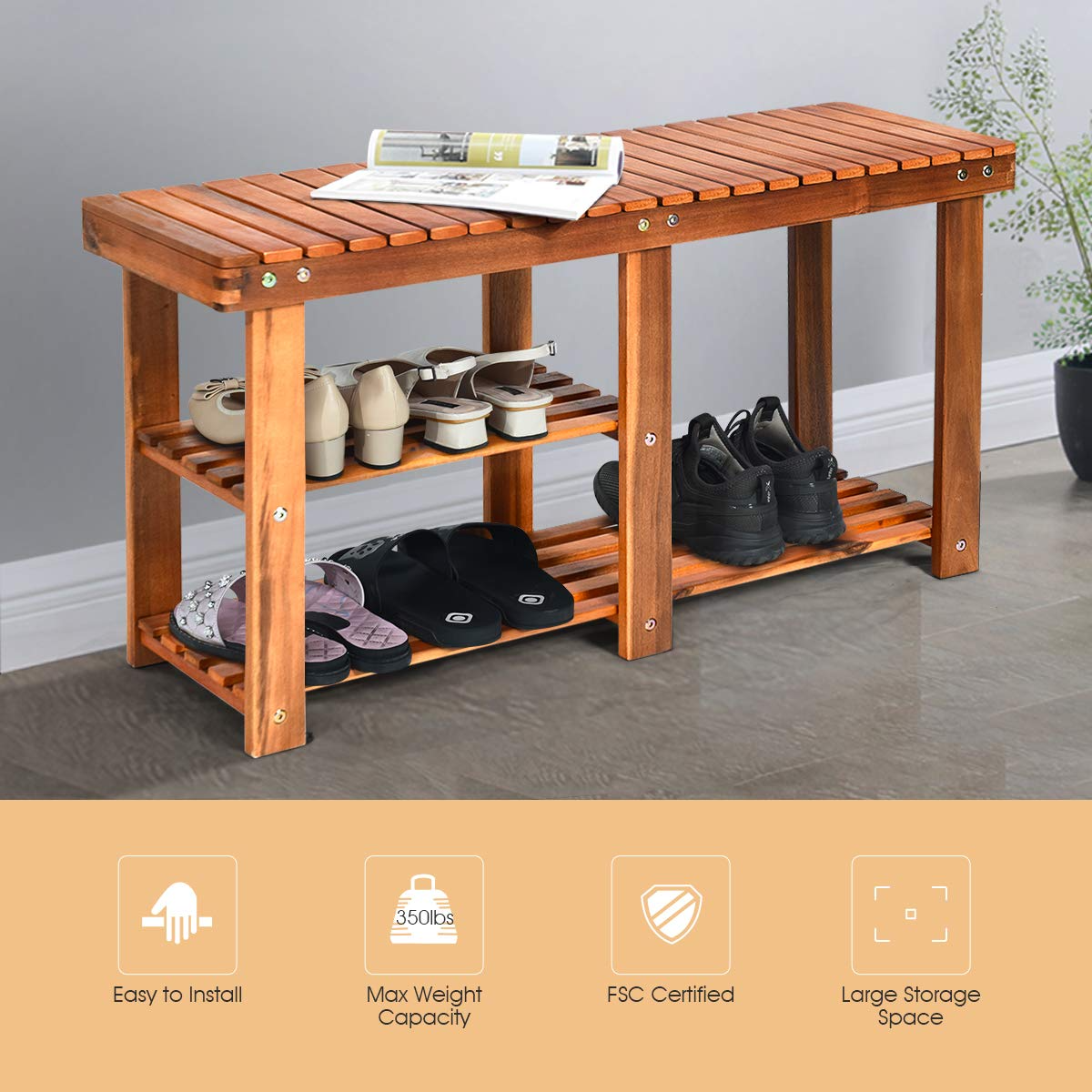 Giantex 2-Tier Shoe Bench Entryway Shoe Rack with Seat