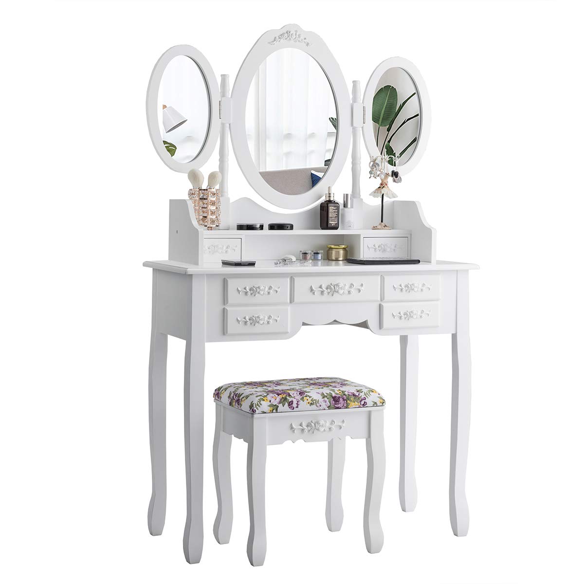 Vanity Set with Tri-Folding Mirror and Cushioned Stool - Giantex
