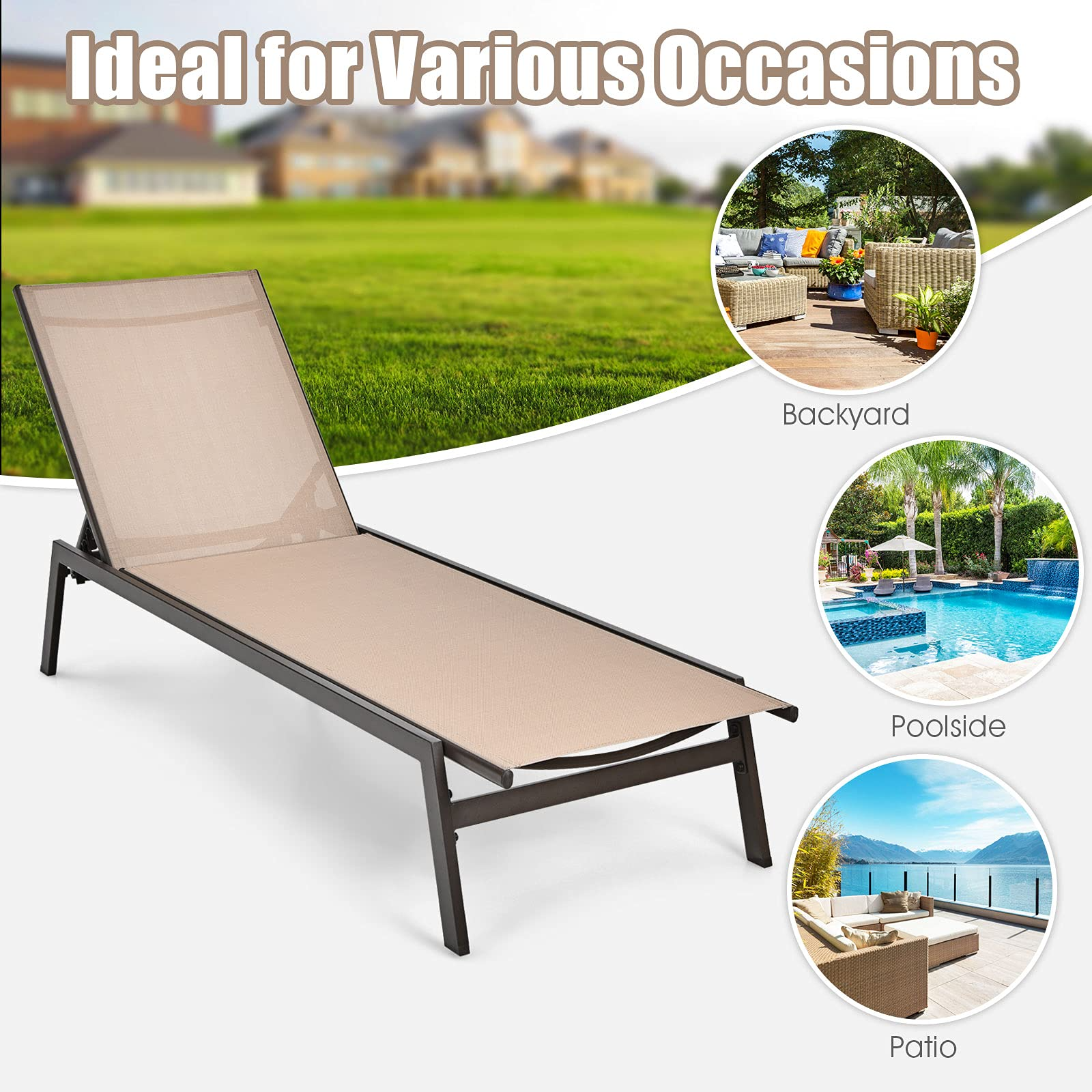 Giantex Chaise Lounge Chair Patio Chaise Lounger with 6-Postion Adjustable Backrest and Breathable Fabric