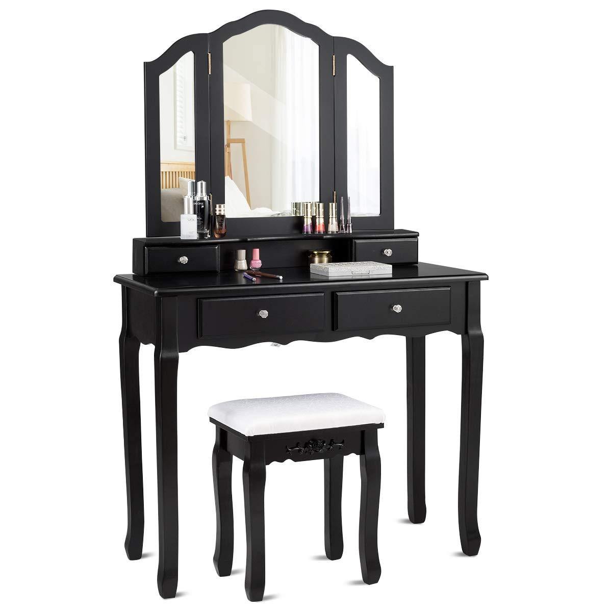 Vanity Set with Tri-Folding Mirror and 4 Drawers Makeup Dressing Table - Giantexus