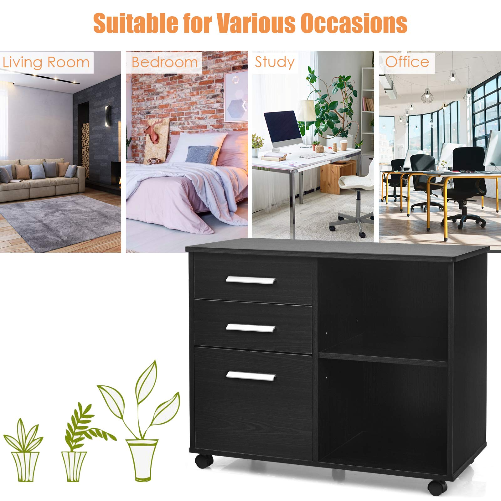 3-Drawer File Cabinet | Mobile Lateral Filing Cabinet with Wheels
