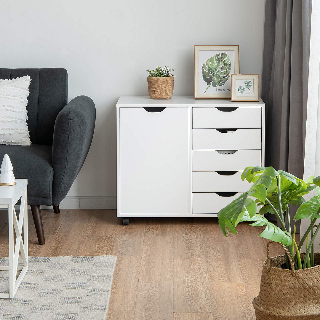 Giantex Drawers Cabinet Mobile Lateral Filing Organizer with 5 Drawers,1 Side Cabinet and Wheels Mobile Side Cabinet Chest