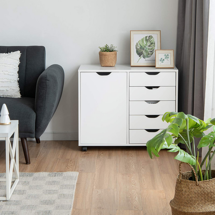 Giantex Drawers Cabinet Mobile Lateral Filing Organizer with 5 Drawers,1 Side Cabinet and Wheels Mobile Side Cabinet Chest