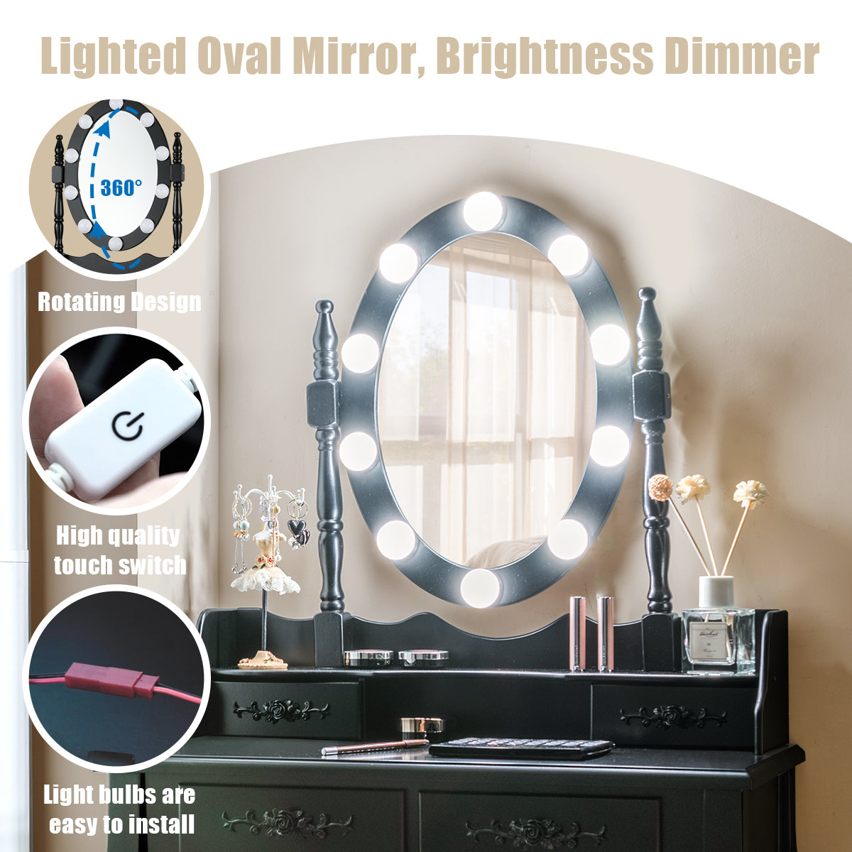 Makeup Dressing Table w/Lighted Oval Mirror and Touch Switch