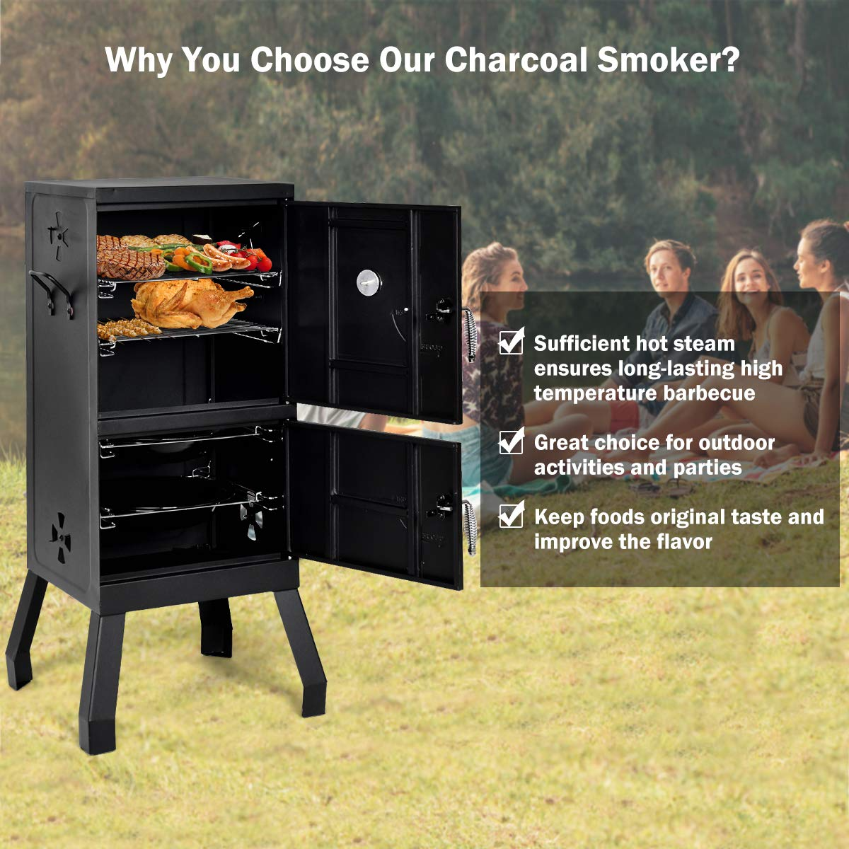 Giantex Outdoor Smoker with Double Doors, 2 Detachable Grill Netting Smoking Racks