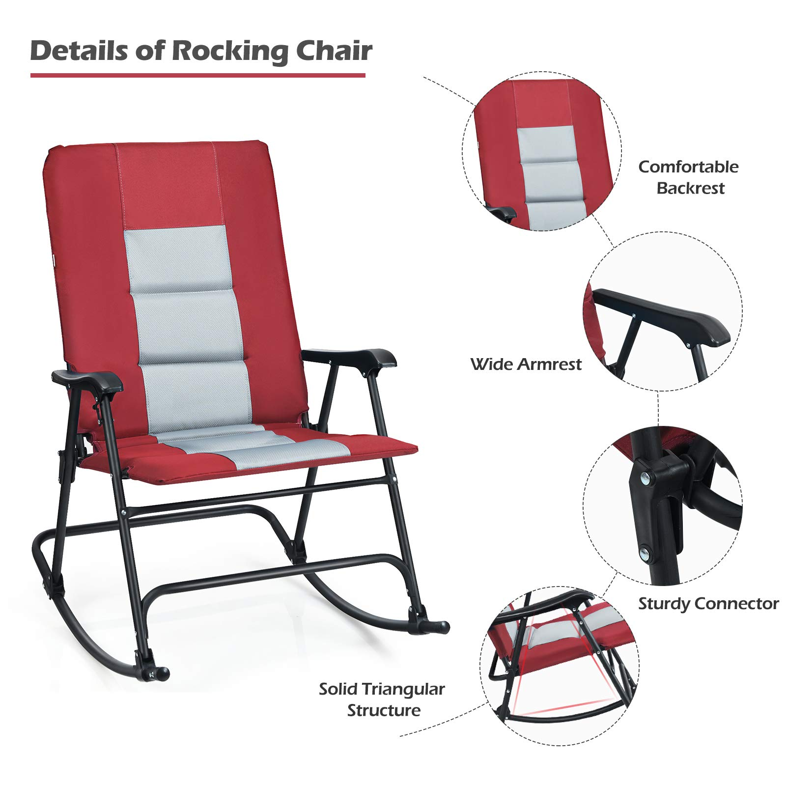 Giantex Camping Rocking Chair Fold-able Oversized with Padded Armrest and Seat