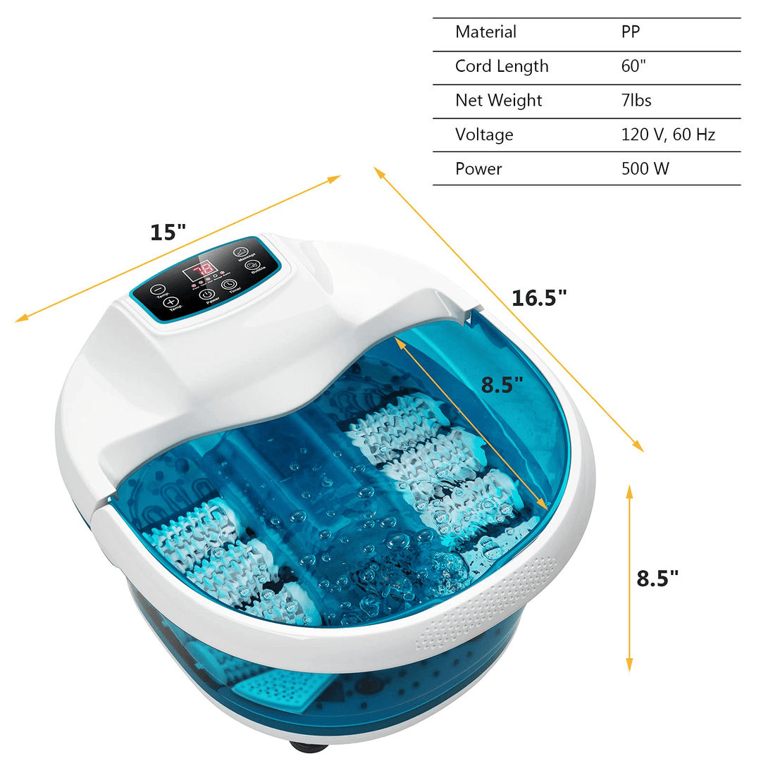 Giantex Foot Spa Bath Massager with Heat Bubbles, 6 Motorized Massage Rollers, Fast Heating, Red Light, Adjustable Temperature & Time (Blue/White) - Giantexus