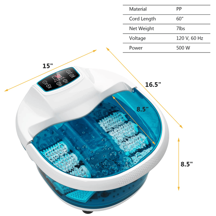 Giantex Foot Spa Bath Massager with Heat Bubbles, 6 Motorized Massage Rollers, Fast Heating, Red Light, Adjustable Temperature & Time (Blue/White) - Giantexus