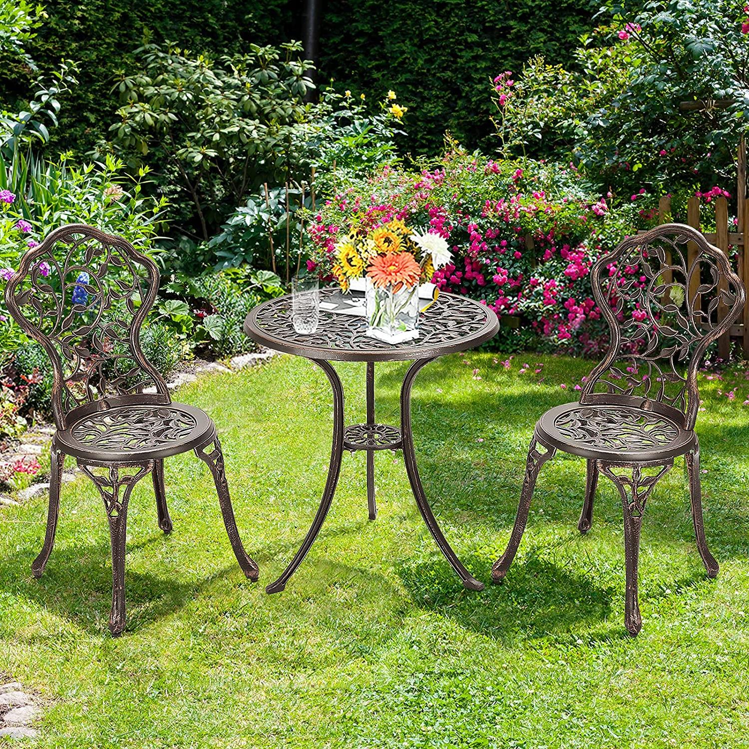 3 Piece Bistro Set Cast Leaf Design Antique Outdoor Patio Furniture Weather Resistant Garden Round Table and Chairs (Leaf Design) - Giantexus
