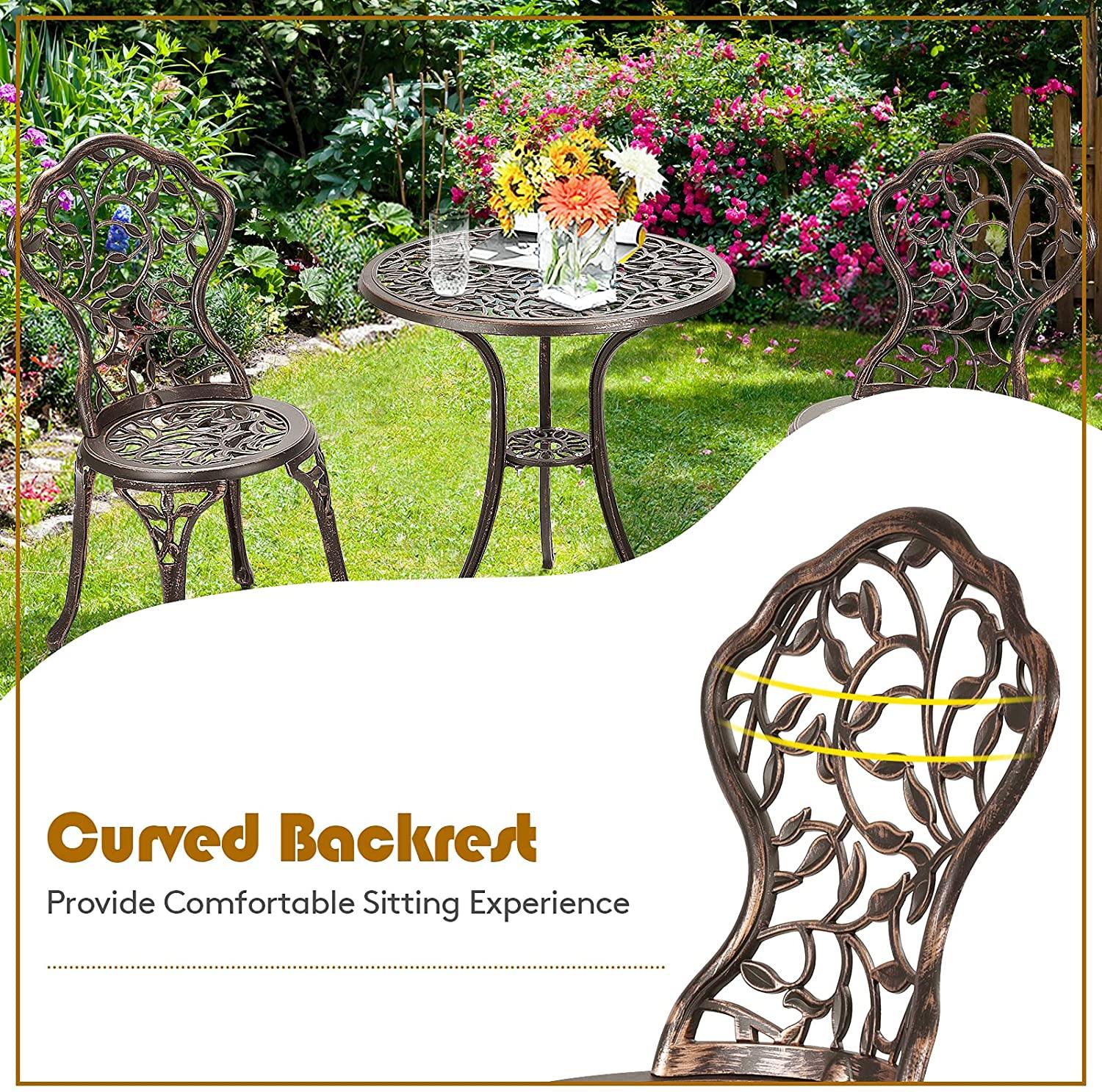 3 Piece Bistro Set Cast Leaf Design Antique Outdoor Patio Furniture Weather Resistant Garden Round Table and Chairs (Leaf Design) - Giantexus