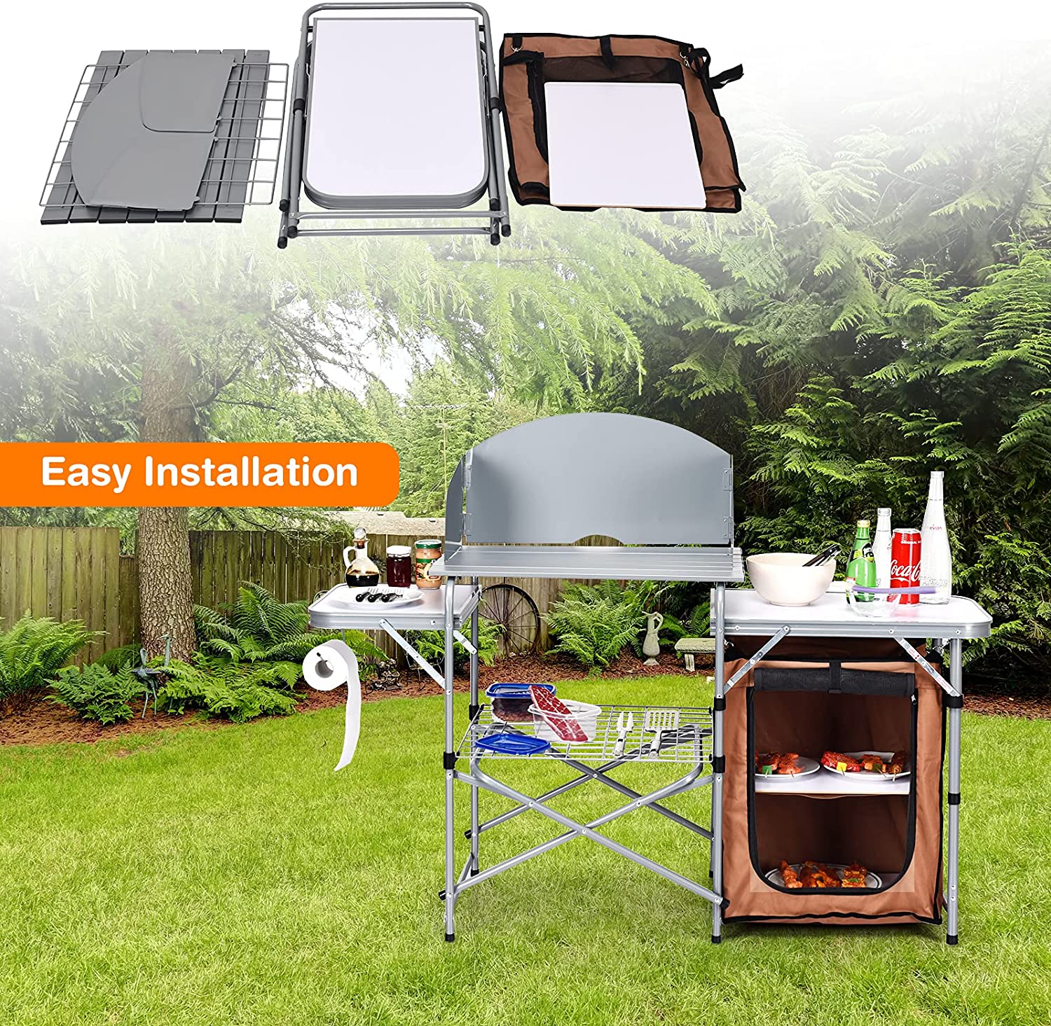 Folding Grill Table with 26'' Tabletop and Detachable Windscreen