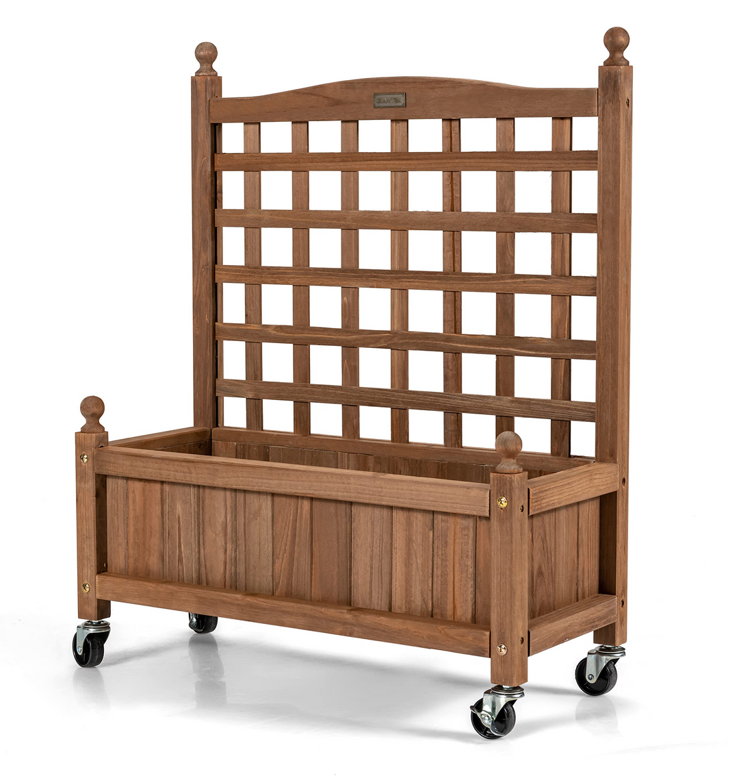 Wood Planter with Lattice Trellis and Wheels, 25'' x 11'' x 32.5'' (L x W x H)