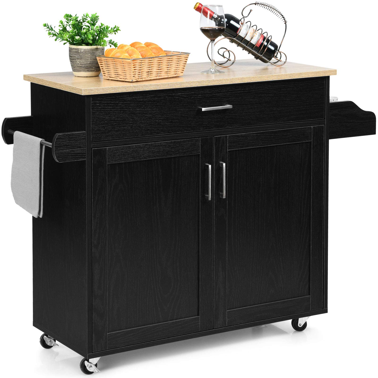 Giantex Kitchen Island, Rolling Kitchen Cart with Spice and Towel Rack, Large Drawer & 2-Door Storage Cabinet