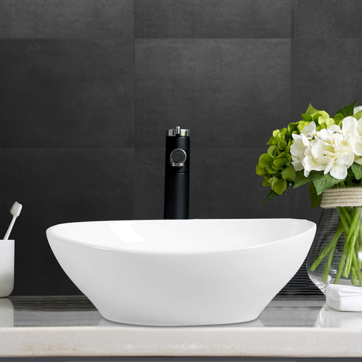Giantex Vessel Sink 16x13 Inch Basin Porcelain W/Pop Up Drain Oval Bathroom Ceramic Sink Bowl