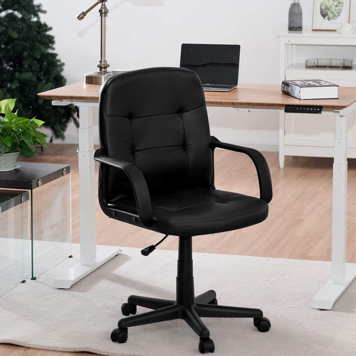 Giantex Ergonomic Office Chair Black Mid-Back Leather Computer Desk Chair with Arms
