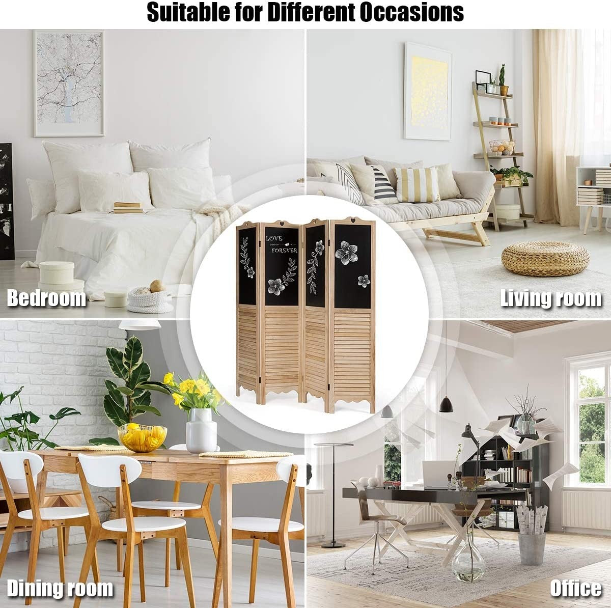 Giantex 5.7 Ft Folding Screen, 4 Panel Screen Room Divider w/ Chalkboard Panels (Natural) - Giantexus