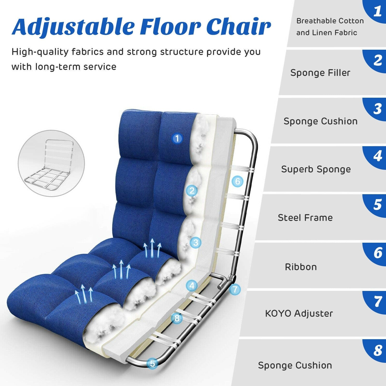 Adjustable Floor Gaming Sofa Chair 14-Position Cushioned Folding - Giantexus