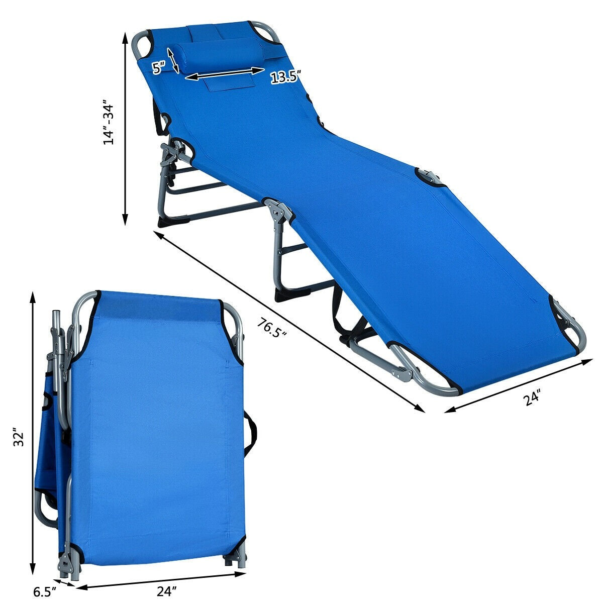 Outdoor Folding Chaise Lounge Chair, Adjustable Camping Recliner Chair