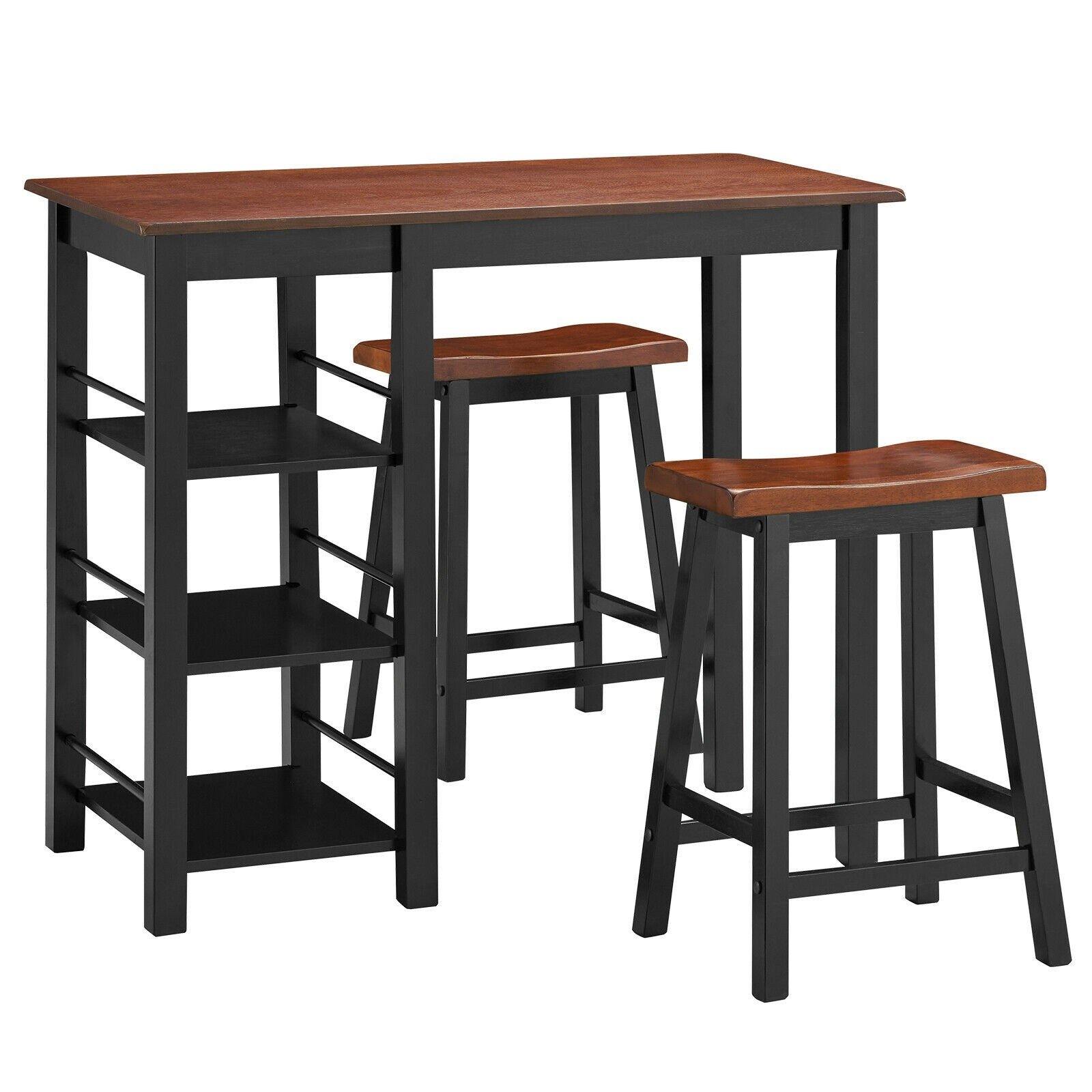 3 Piece Dining Set, Entirely Wood Counter Height Table Set with 2 Chair and 3-Tier Storage Shelves - Giantexus