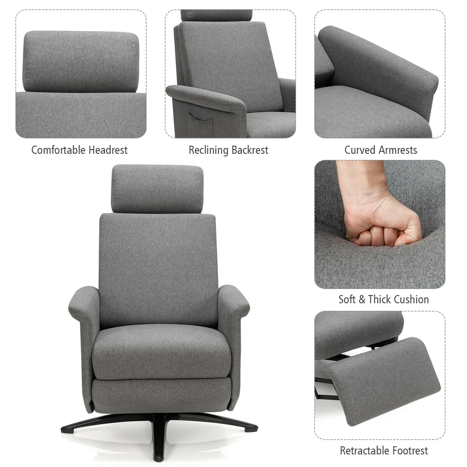 Recliner Chair with Vibration Massage, 360 Degree Swivel Reclining Sofa Chair, Adjustable Headrest & Footrest