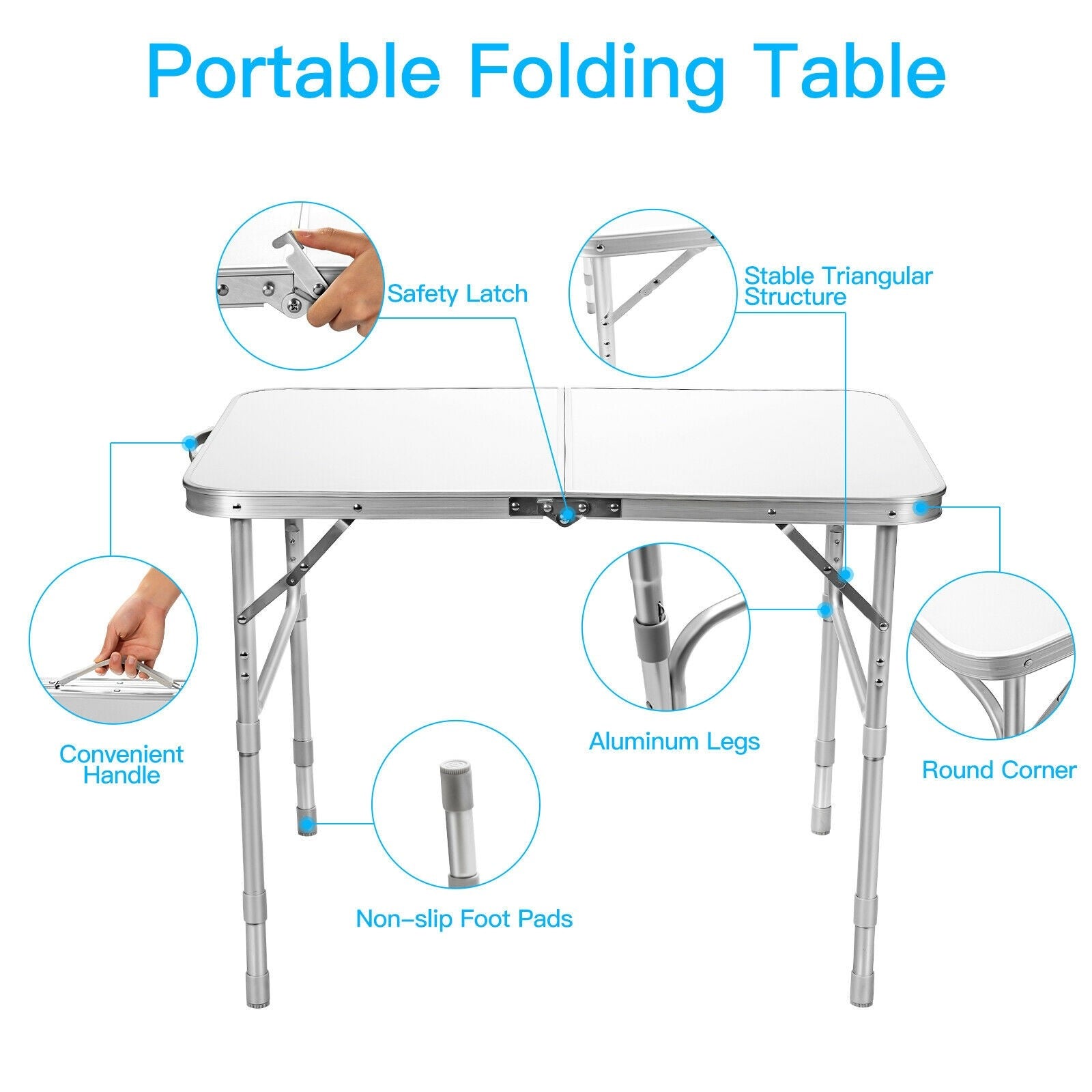 Folding Table Portable Camping Table W/3 Adjustable Heights
